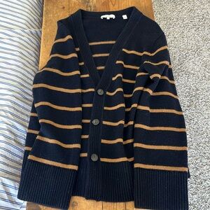 Cashmere and wool striped cardigan by Vince. Size small. Navy and tan stripes.